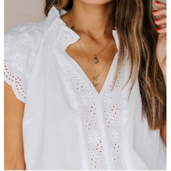 White Embroidered Eyelet Cap Sleeve Cotton Top - Picture 3 of 8